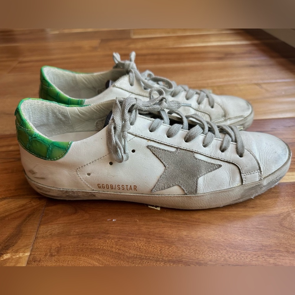 Golden Goose Superstar White Green Grey Suede Patch